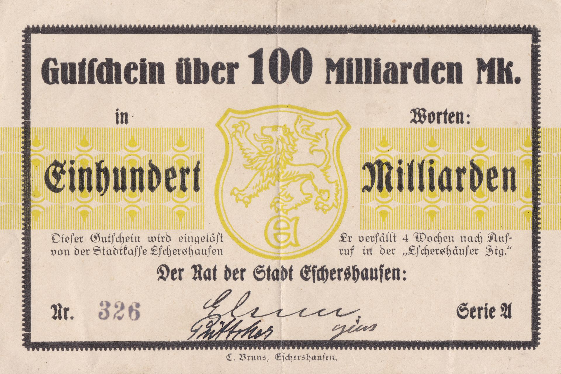 Ansicht des 10-Milliarden-Mark-Inflationsgeldscheines der Stadt Eschershausen von 1923